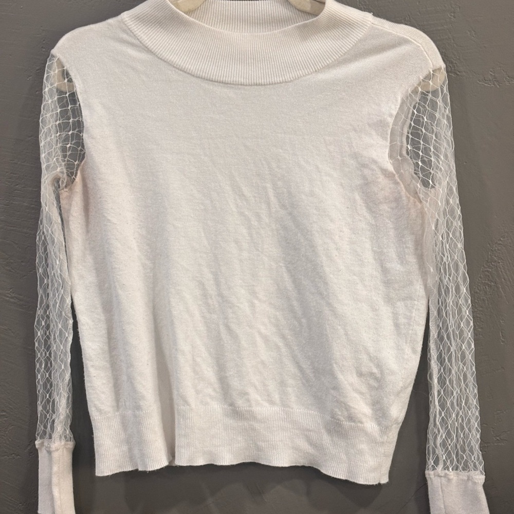 White Knit Sweater with Sheer Mesh Long Sleeves